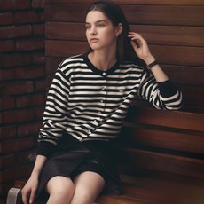 틸아이다이 Stripe round neck wool cardigan_Black