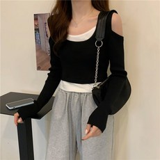 페이크 오프숄더 어깨트임 숏 봄 타입 여성의류 긴 소매 기계 조심 상의 트렌드