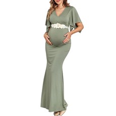 AISWI Maxi Maternity Dress with Flower Sash Semi Formal Baby Shower Wedding Guest V-Neck Handkerchie, Sage Green, Without Flower Sas