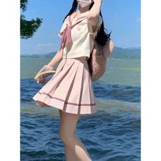 일본 대학 스타일 유니폼 정장 여성용 여름 부드럽고 달콤한 세일러복 네이비 칼라 탑 플리츠 스커트 투피스 세트