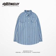 레트로 워싱 스트라이프 데님 탑 가을 홍콩 스타일 얇은 루즈 셔츠 컷 긴 소매 트렌디 한 남성과 여성