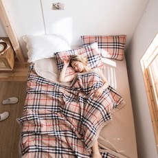 목화요솜 체크 양품 스타일전체면 워싱면 목화 여름이불 사종 세트순면 시원한여름이불 계절얇은 이불, C04-폴리 칸막이