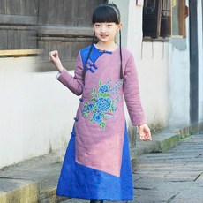 차이나 브릿지 여아겨울옷 파두서 중국식 겨울폼 크로스 앞자락 매듭 단추 멜란 모란 꽃자수 면 치파오 패밀리 공연복 솜
