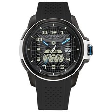 Citizen 남성용 Eco-Drive 스타워즈 임페리얼 스톰 트루퍼 블랙 이온 도금 스테인리스 스틸 케이스 시계 천공 실리콘 스트랩 다이얼 3핸드 (모델: AW1659-00