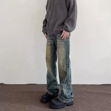 아메리칸 스타일 빈티지 워싱 디스트레스드 청바지 트렌디 스트레이트 레그 슬리밍 깔끔한 핏 긴 바지