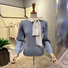 [에이비에프지(대백)] AOY5HW38G_쉬폰 넥 리본 배색 셔링 니트
