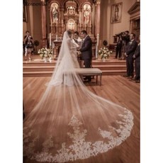 [해외] 롱 레이스 신부 베일 빗 3M 웨딩 베일 아플리케 성당 5 미터 길이 보리 웨딩 베일 신부 액세서리