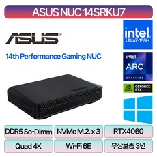 인텔 ASUS ROG NUC14SRKU7 지포스 RTX4060 인텔14세대 i7-ULTRA 7 155H 미니PC 컴퓨터 산업용 사무용 기업용 64GB RAM + M.2 2TB, ASUS NUC14SRKU7, Free DOS