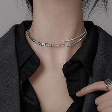 [스몽] 실버 925 초커 이중 디자인 체인 줄 큐빅 목걸이