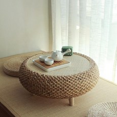 좌식 미니 원목 티테이블 원형 소형 원탁 레트로 라탄 책상, 밀짚쿠션40x40