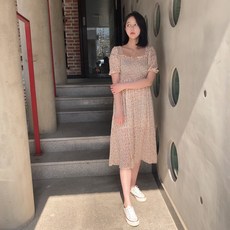 VANANA2 할매니얼 플라워 패턴 시스루 소매 여성 미디 원피스 아이보리