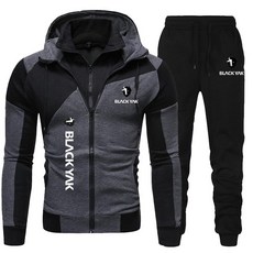 새로운 캐주얼 남성 스포츠 정장 패션 후드 접합 지퍼 재킷 블랙 야크 + 바지 세트 스웨터 2022