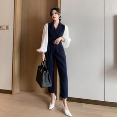 시크 오피스룩 퍼프 소매 배색 정장 점프수트