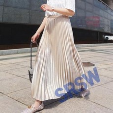 새틴 a자 메탈 플리츠 주름 밴딩 롱 스커트 폴리에스터