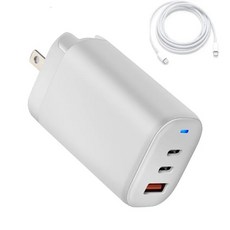 접이식 GaN 고속 충전기 맥북 프로/에어 델 호환 XPS 13 아이폰 14 프로 휴대폰 노트북 USB C 3 포트 65W, With C Cable White+US Plug