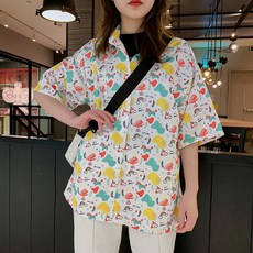 명품 반팔셔츠 여름 여성 외 매치 넥 스위트 보이핏 볼륨 디자인 감각 홍콩무드 와이셔츠 와이드 루즈핏