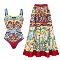 프린트 원피스 수영복 및 스커트 여성 수영복 푸시업 세트 모노키니 2024 슬링, 04 One piece and skirt