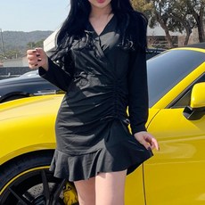 VANANA2 브이넥 랩스타일 셔링 스트링 머메이드 미니 원피스 블랙