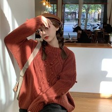 요즘힙한 모델한혜진 스몰볼스티치 벽돌색 풀오버 스웨터 여성니트 여자니트 완소템