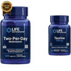 Life Extension 수명 연장 하루 2정 120정 멀티비타민 & 타우린 1000mg 90캡슐 보충제 번들, 90정