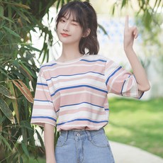 스트라이프반팔티옷 스트프반팔티 버카치 여름 핀스트라이프 화웨이 와이드 루즈핏 느슨함 현아한 블러킹 상의 트렌드