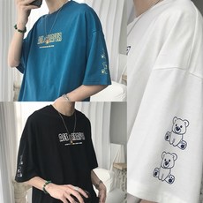 키시즘 남녀공용 곰탱이 티셔츠 7부 반팔티 7부티 커플티 화이트 블루 블랙 프린팅 레터링 반소매 KISSISM