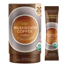 유기농 버섯 인스턴트 커피 사자 갈기와 차가버섯을 곁들인 shroomdna 초점 하루 종일 선명도 USDA 인증 20개, 20 카운트(1 팩), 2.5g