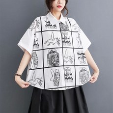 일본 패션 여성 프린트 블랙 화이트 셔츠 드레스 루즈핏 대형 캐주얼 JJXS062 여름