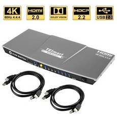 [해외] TESmart HDMI KVM 스위치 4 포트 HDMI 4K 60Hz 울트라 HD 멀티미디어 오디오 출력 지원 USB 2.0 키보드 및 마우스 포트, 상세내용표시, TSL-HKS0401A1U-Gray