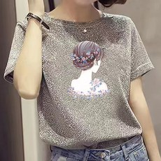 여성 여름 데일리 캐주얼 라운드넥 트윙클 펄 블링 반짝이 소녀 프린팅 포인트 여성스러운 꾸안꾸 반팔 티셔츠 트윙클소녀반팔티셔츠