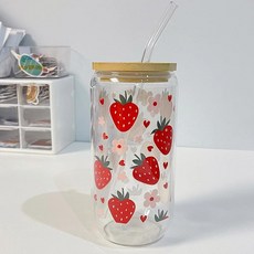 대나무 뚜껑과 빨대 귀여운 딸기 유리 컵 캔 모양 아이스 핫, A.500ml, 1.Clear, 1개