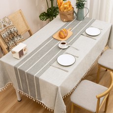 뷔이위이 식탁보 고급 방수식탁보 코튼린넨 테이블보 식탁커버, 140*90cm, 그레이-스트라이프