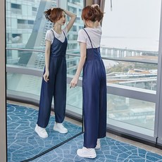 텐셀 멜빵청바지 여성 여름옷 하이웨스트 스트레이트핏 얇은 루즈핏 바디슈트 슬립