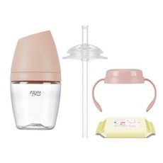 티지엠 Rice Grain 쌀알 젖병 (젖꼭지포함) + 빨대 + 핸들 세트, 코랄핑크, 160ml