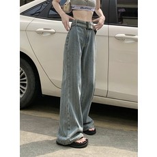 해피유통 여성용 데님 청바지 봄가을 허리벨트 패션 고급 롱기장 와이드 팬츠