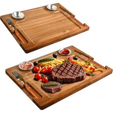 MAVOTER 스테이크판 콘치즈 주물팬 철판 2 PCS 아카시아 나무 스테이크 보드 포크 나이프 라메킨이 포함된 15인치 커팅 도마 2세트 Q1265080, 2 set, 1개