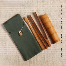 리이브스가르텐 차시 대나무 집게 차칙 일본 찻숟가락 차도구 세트 다도용품 다관 우드 전통, 대나무 4종세트 + 수납가방 짙은 녹색, 1개