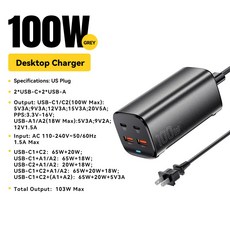 Essager 100W USB C GaN 충전기 데스크탑 고속 충전 QC 4.0 3.0 C타입 고속 충전 가족폰 15 노트북 맥북 삼성 POPC용, 02 US Black, 01 US Black, 1개, 60m