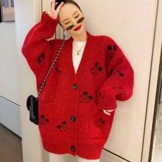 ~2XL 빅사이즈 여성 루즈핏 미키 니트 브이넥 가디건 겨울 오버핏 카디건