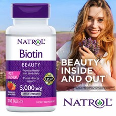 미국 Natrol Biotin 5000 mcg. 250 Fast Dissolve Tablets 1+1 나트롤 비오틴 바이오틴 뷰티 헤어 네일 영양제 250정X 2통, 2개, 250개