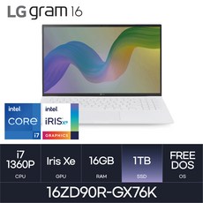 LG전자 2023 그램16 16ZD90R-GX76K, Free DOS, 16GB, 1TB, 코어i7, W