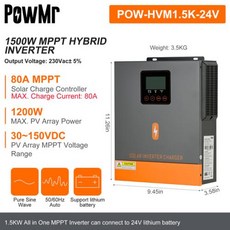 인버터 80A 12V 태양광 패널 230VAC 하이브리드 순수 MPPT 150VDC 1.5KW 사인파 충전 24V PowMr 배터리 1KW 입력 컨트롤러, 1개