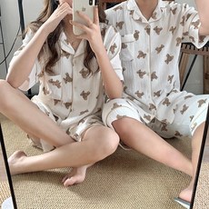 곰돌이 잠옷 요루면 순면 반팔 반바지 여름 파자마 남성 여성 커플 파자마