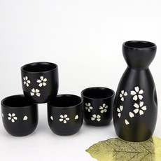 도쿠리 사케병 사케잔 5P구성 잔4P+도쿠리1P, 무광G타입_블랙꽃잎, 1세트