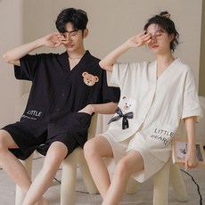 브이넥 커플잠옷. 리틀 베어 반팔 파자마세트 홈웨어