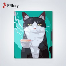 FiIIery DIY 명화그리기 벽화 그림그리기 동물 유화 세트 40 x 50cm, 34-커피 마시는 고양이