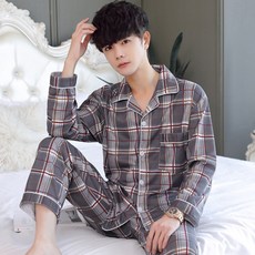 POMTOR 남성 잠옷 빅사이즈 체크 순면 잠옷 상하의 세트