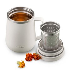 LocknLock Metro 티 머그 아이보리 400ml(13온스) 차 및 커피 컵 인퓨저 여과기 뚜껑 손잡이 이중벽 스테인리스 스틸 진공 단열 여행용 텀블러, 1개