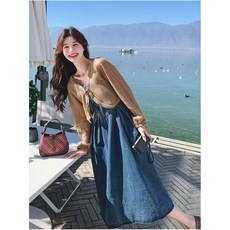 봄여름 빈티지 데님원피스 세트 미디 니트 가디건 나시원피스 투피스