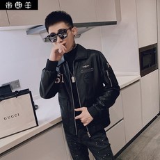 사회 스피릿 젊은남자 건달카리스마 눈길을 끄는 비행함 모터복 슬림 모피 두루마기 아플리케 자수